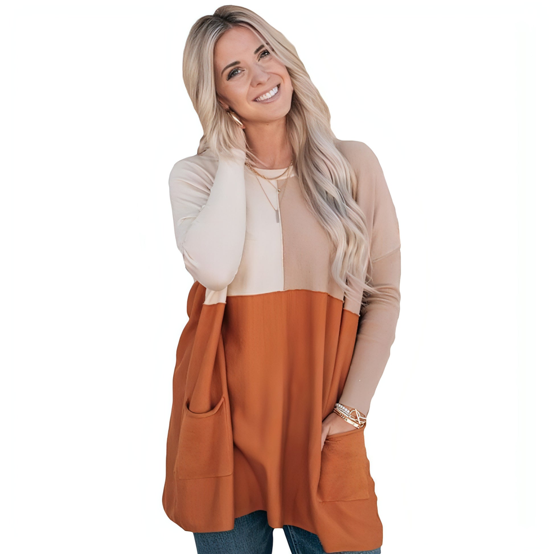 Camiseta de manga larga a juego con bolsillos de color naranja para mujer