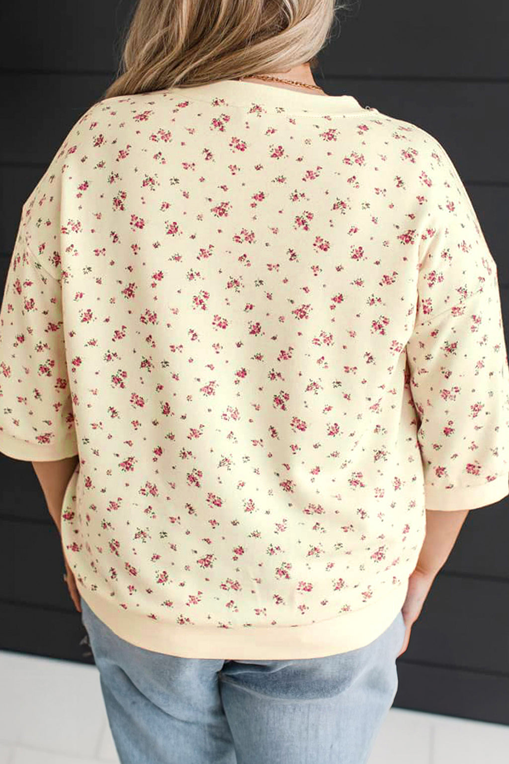 Beige Floral Print Colorblock Cuffs Hem Plus Size Blouse