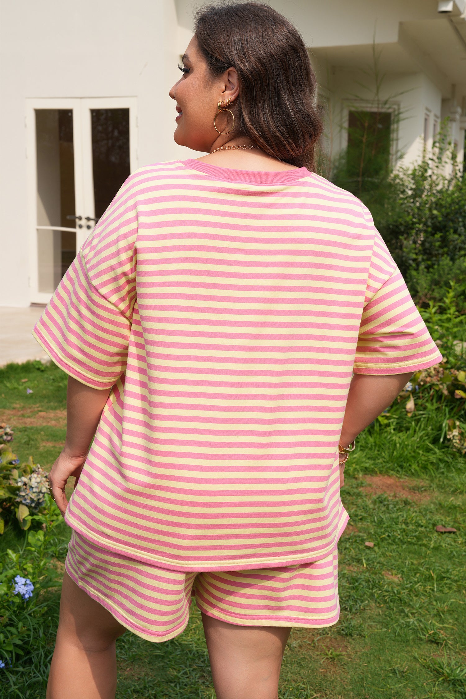 Rose Stripe Boxy Tee Drawstring Elastic Waist Plus Size Short Set