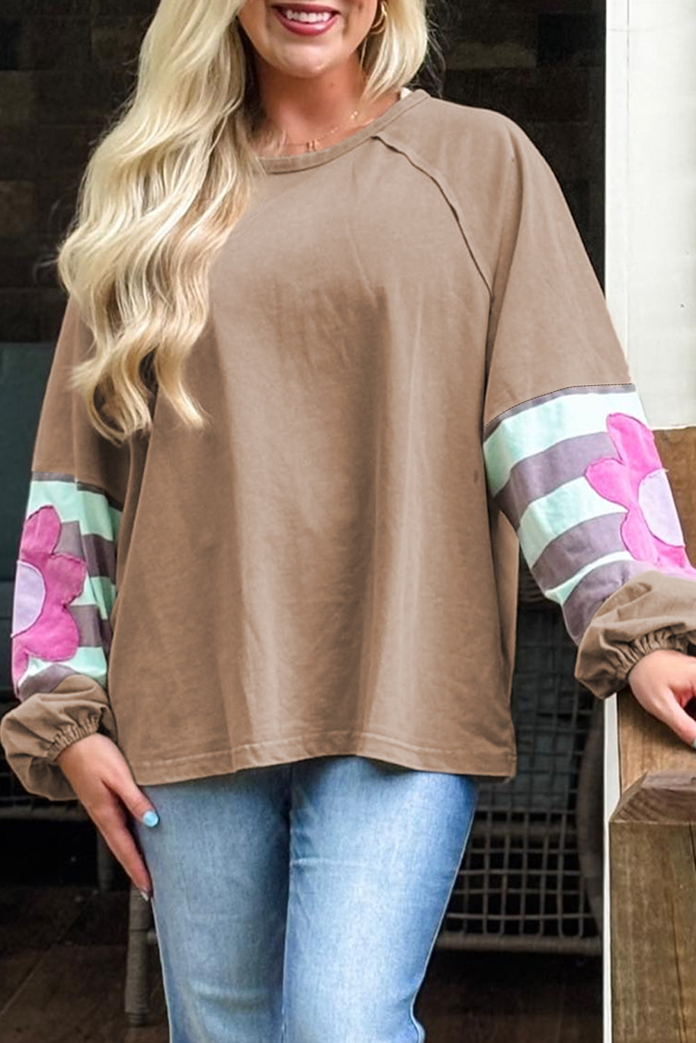 Light French Beige Plus Size Flower Striped Patchwork Puff Sleeve Loose Sweatshirt