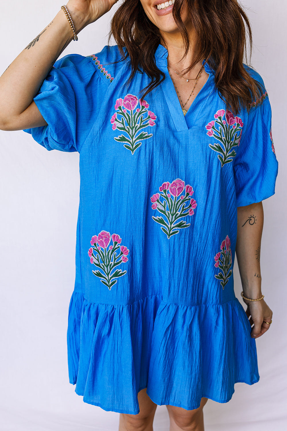 Blue Flower Embroidered Split Neck Short Puff Sleeve Ruffle Hem Dress