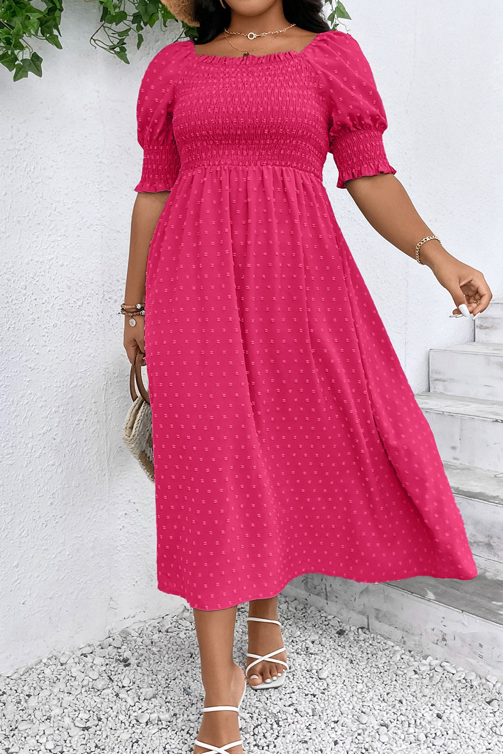 Sachet Pink Swiss Dot Smocked Frilled Neckline Short Sleeve Plus Size Dress