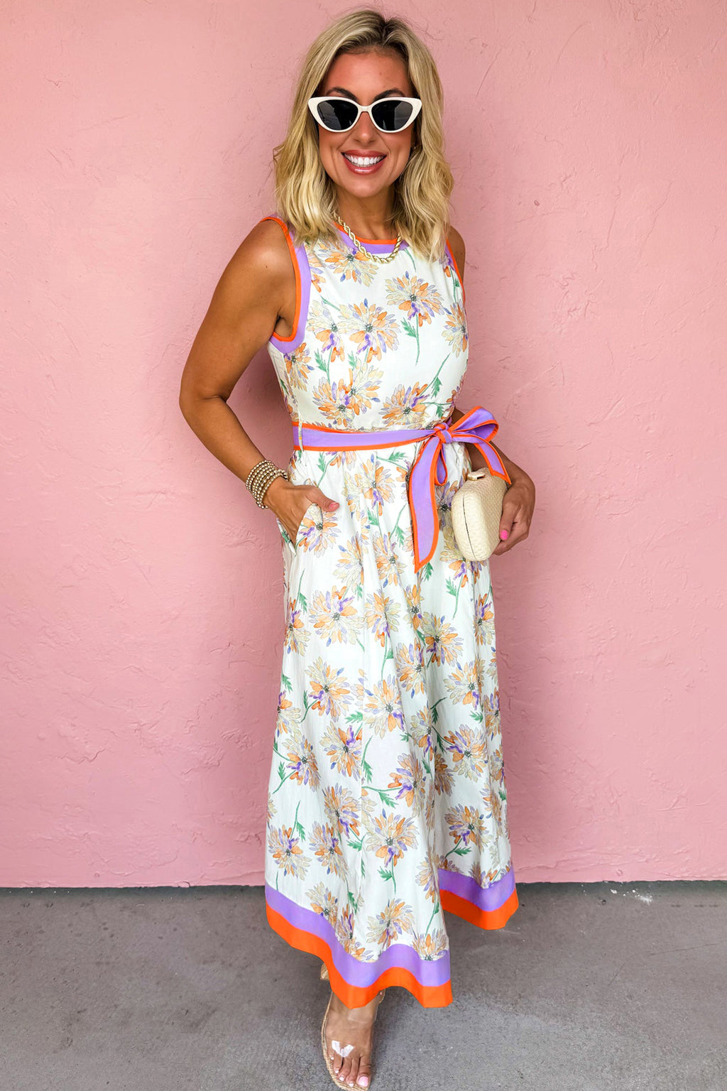 White Floral Print Color Block Trim Belted Sleeveless Maxi Dress