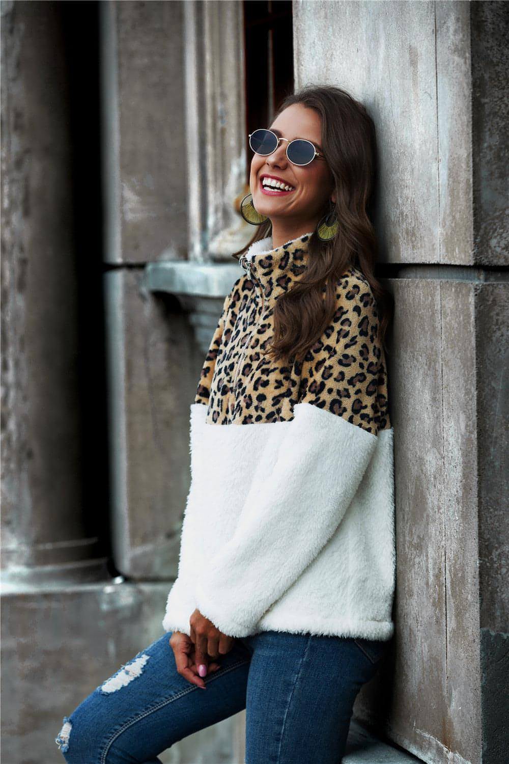Leopard Color Block Teddy-genser med halv glidelåskrage