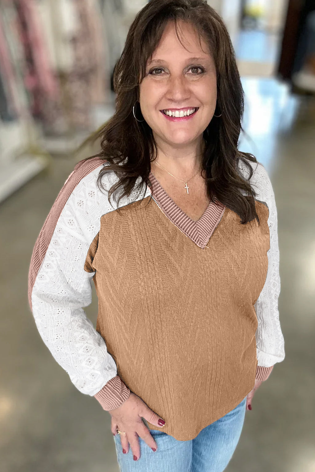 Coffee V Neck Lace Sleeve Patchwork Plus Size Blouse