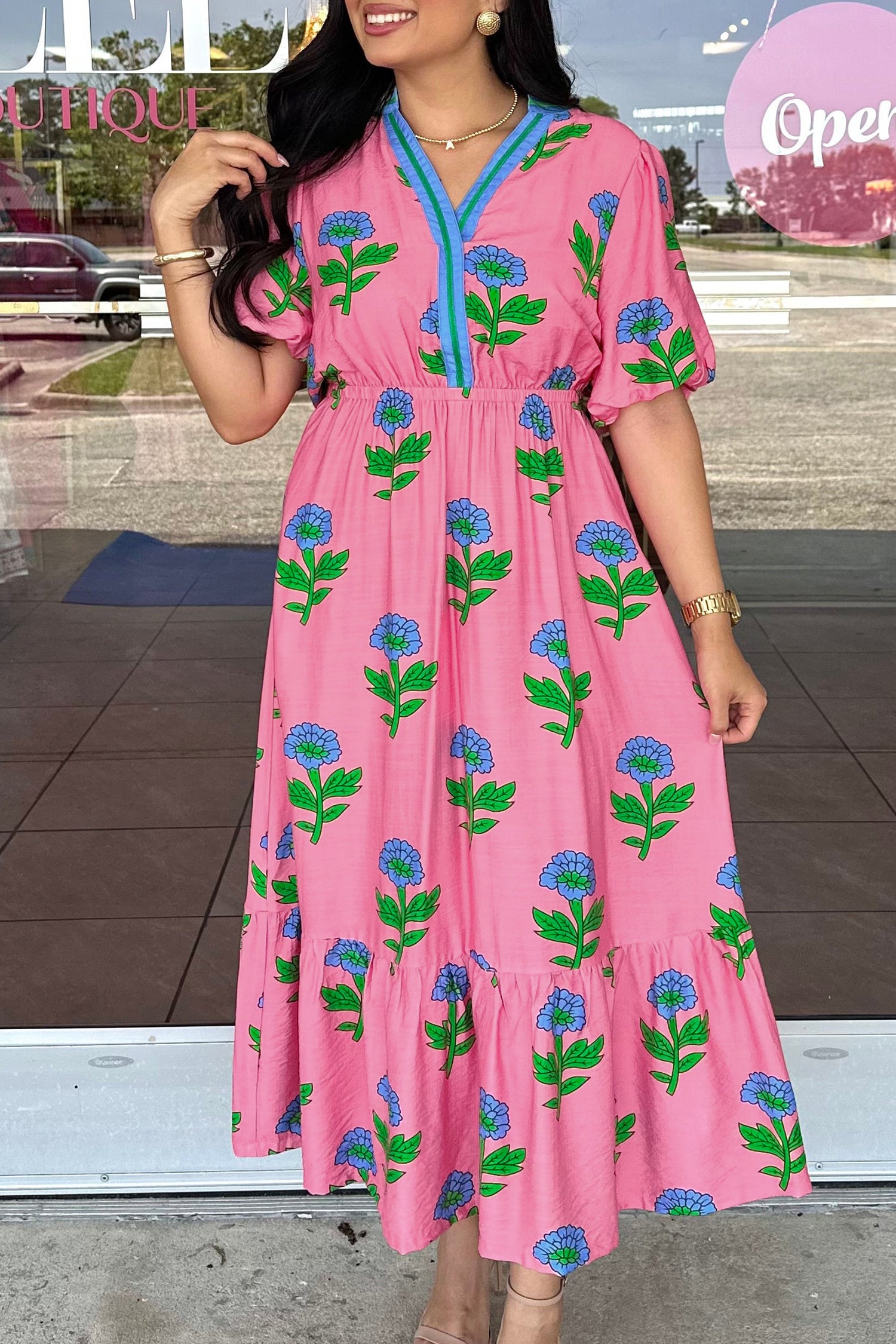 Pink Plus Size Striped V Neck Ruffled Floral Long Dress