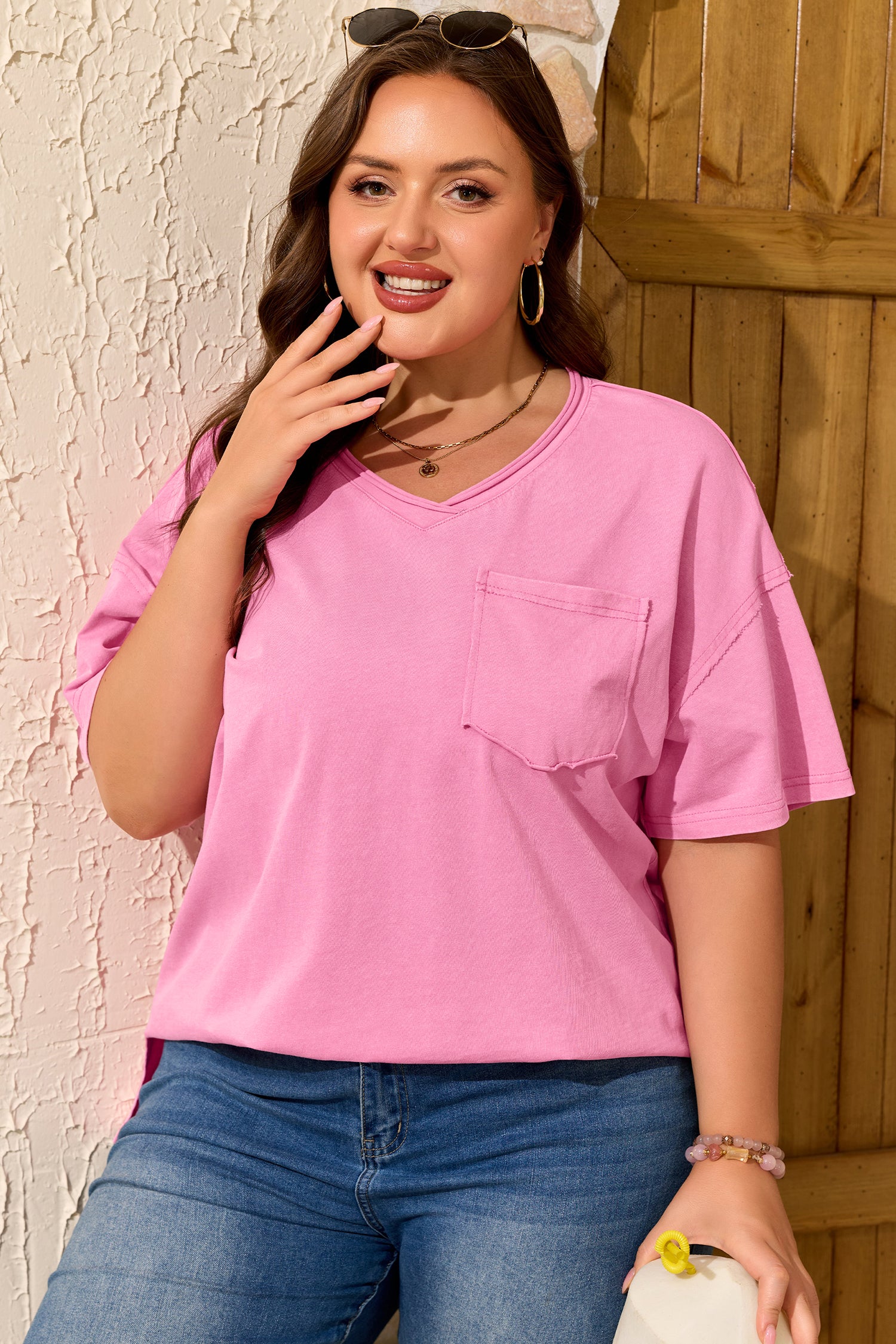 Sachet Pink Plus Size Mineral Wash Raw Edge Round Neck Tee