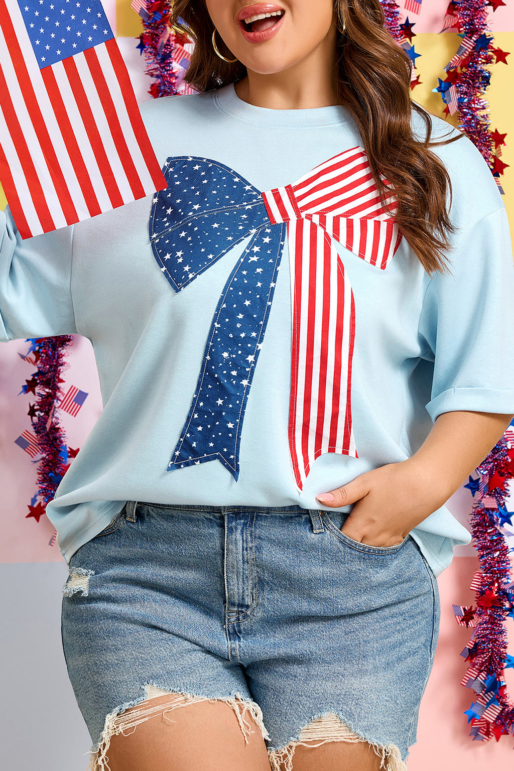 Beau Blue Plus Size Patriotic Bow Patchwork Graphic T-Shirt