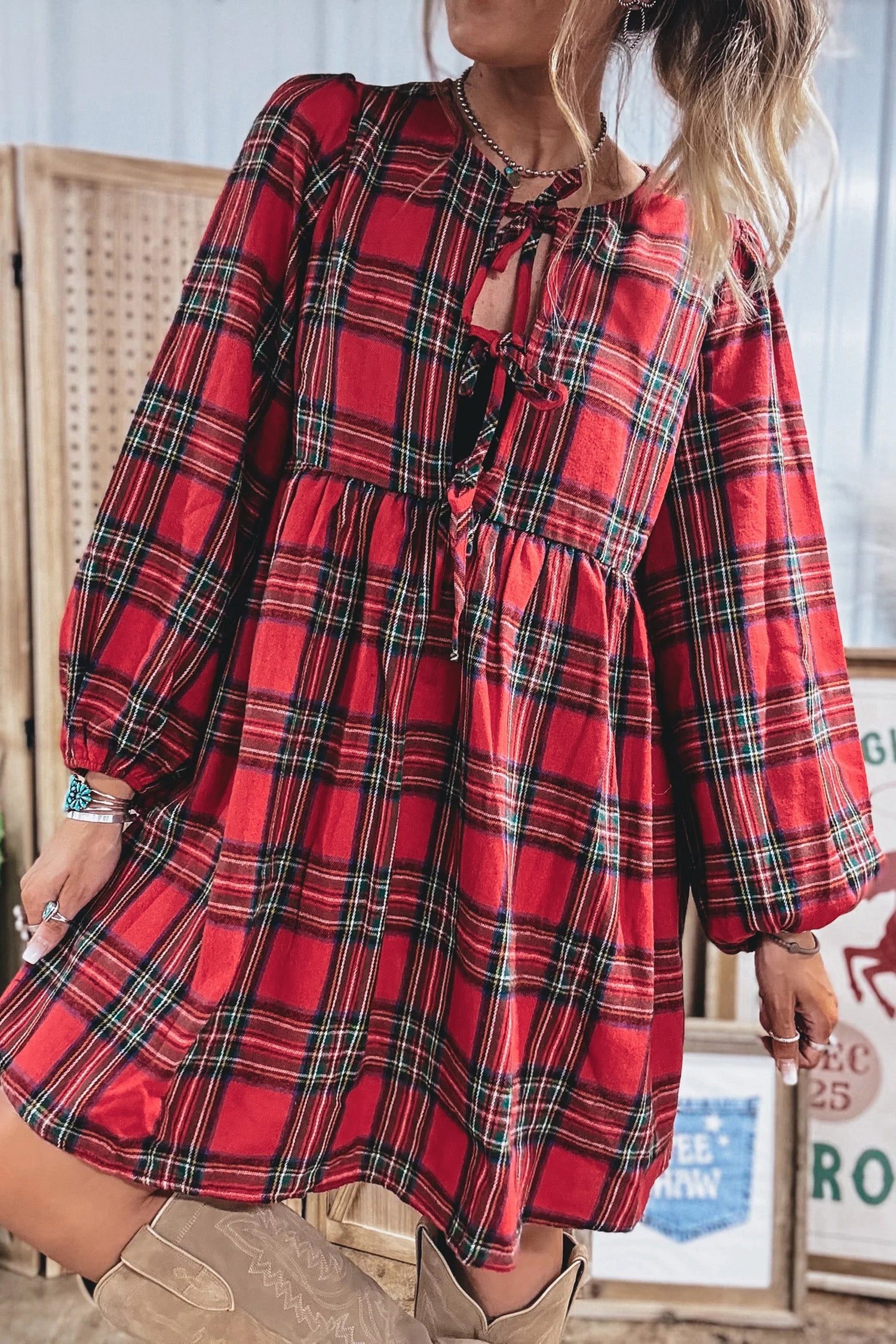 Red Plaid Tie Front Long Sleeve Short Shift Dress