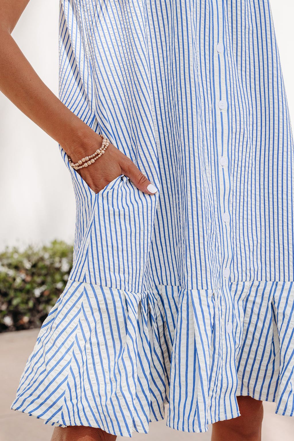 Sky Blue Stripe Shirt Collar Shirred Detail Ruffle Hem Sleeveless Dress