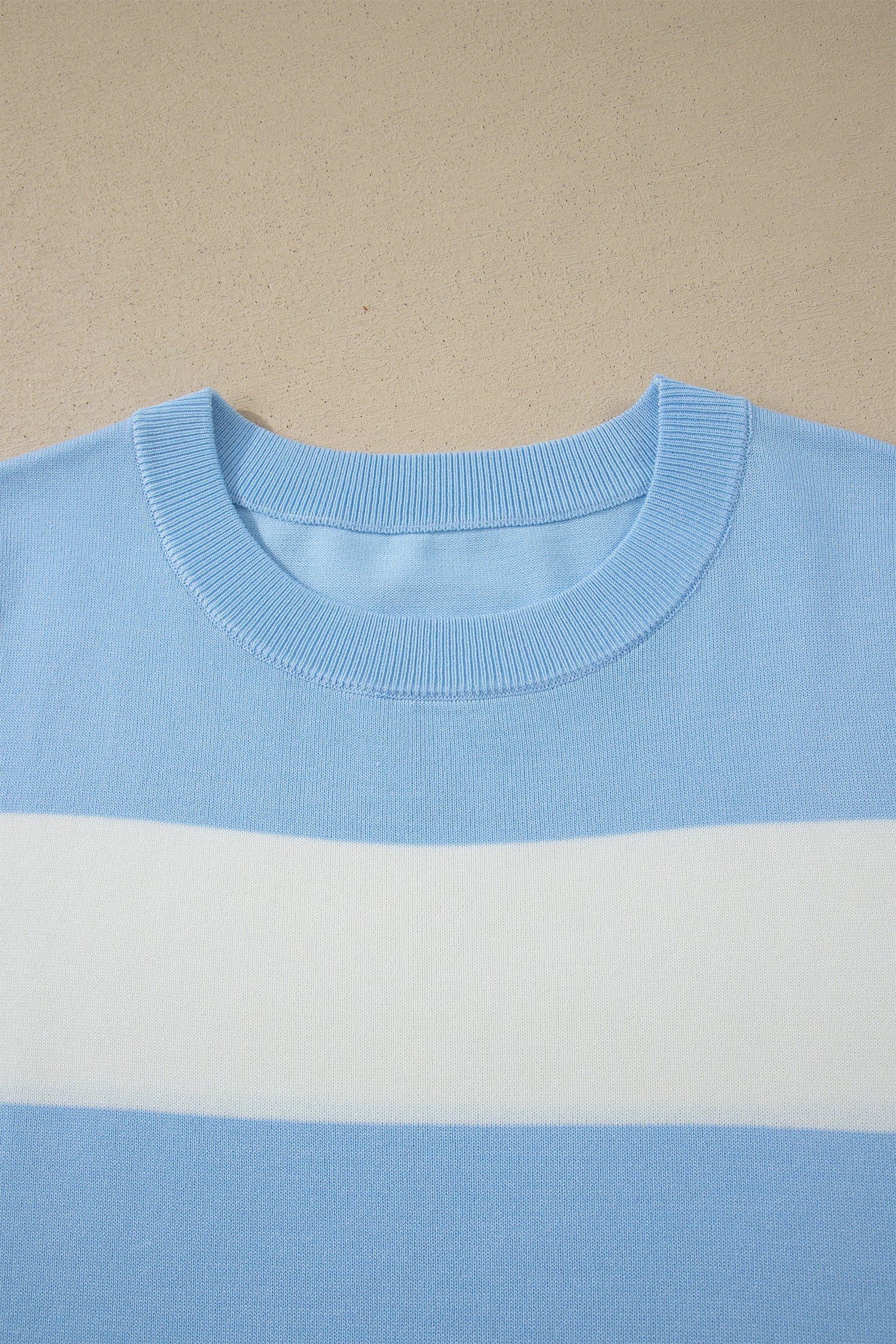 Sky Blue Stripe Colorblock Plus Size Short Sleeve Sweater