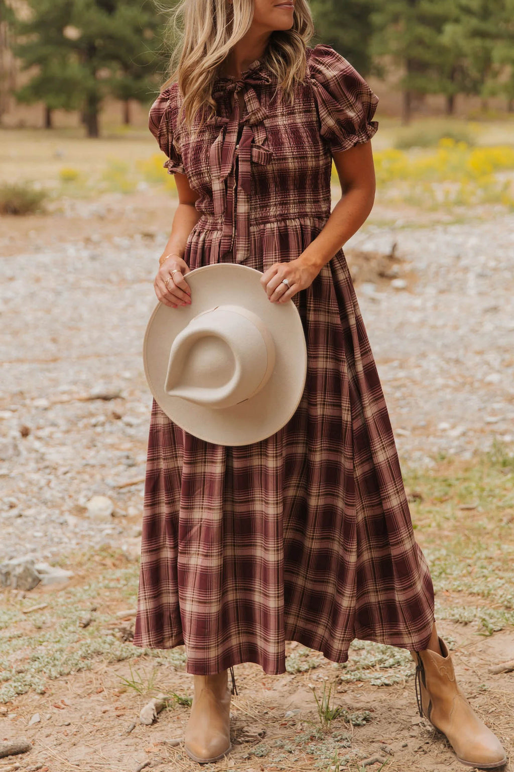 Red Vintage Plaid Knot Front Smocked High Waist Midi Dress