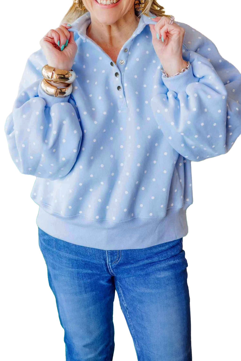 Sky Blue Polka Dot V Neck Metal Button Long Sleeve Shift Plus Size Sweatshirt