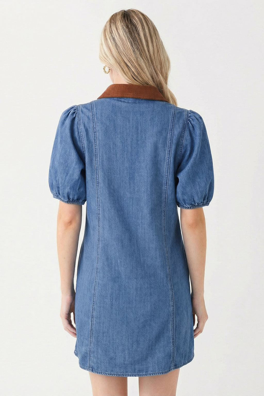 Blue Denim Short Puff Sleeve Color Block Shirt Collar Patchwork Mini Dress