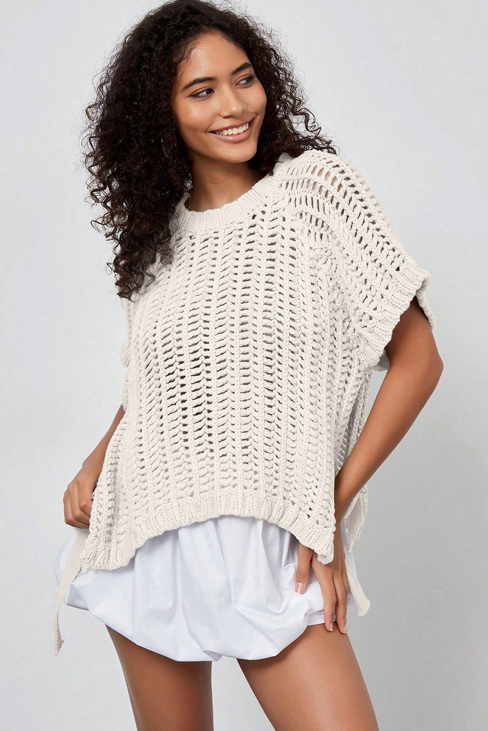 Pink Plus Size Open Knit Bow Tie Short Sleeve Sweater