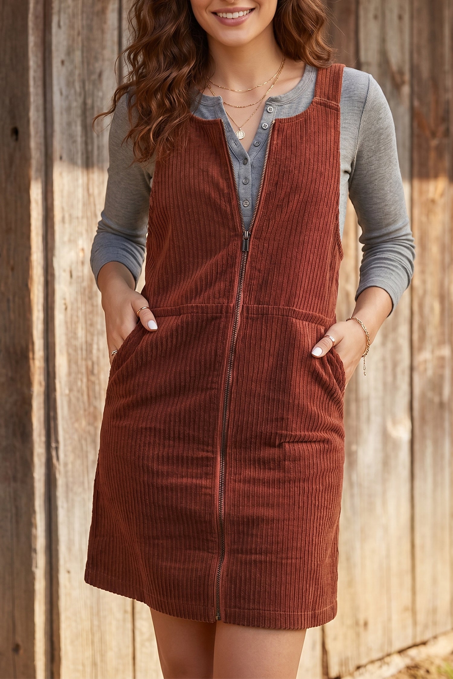 Clay Ribbed Corduroy Zip-Up Sleeveless Pocket Sheath Dress