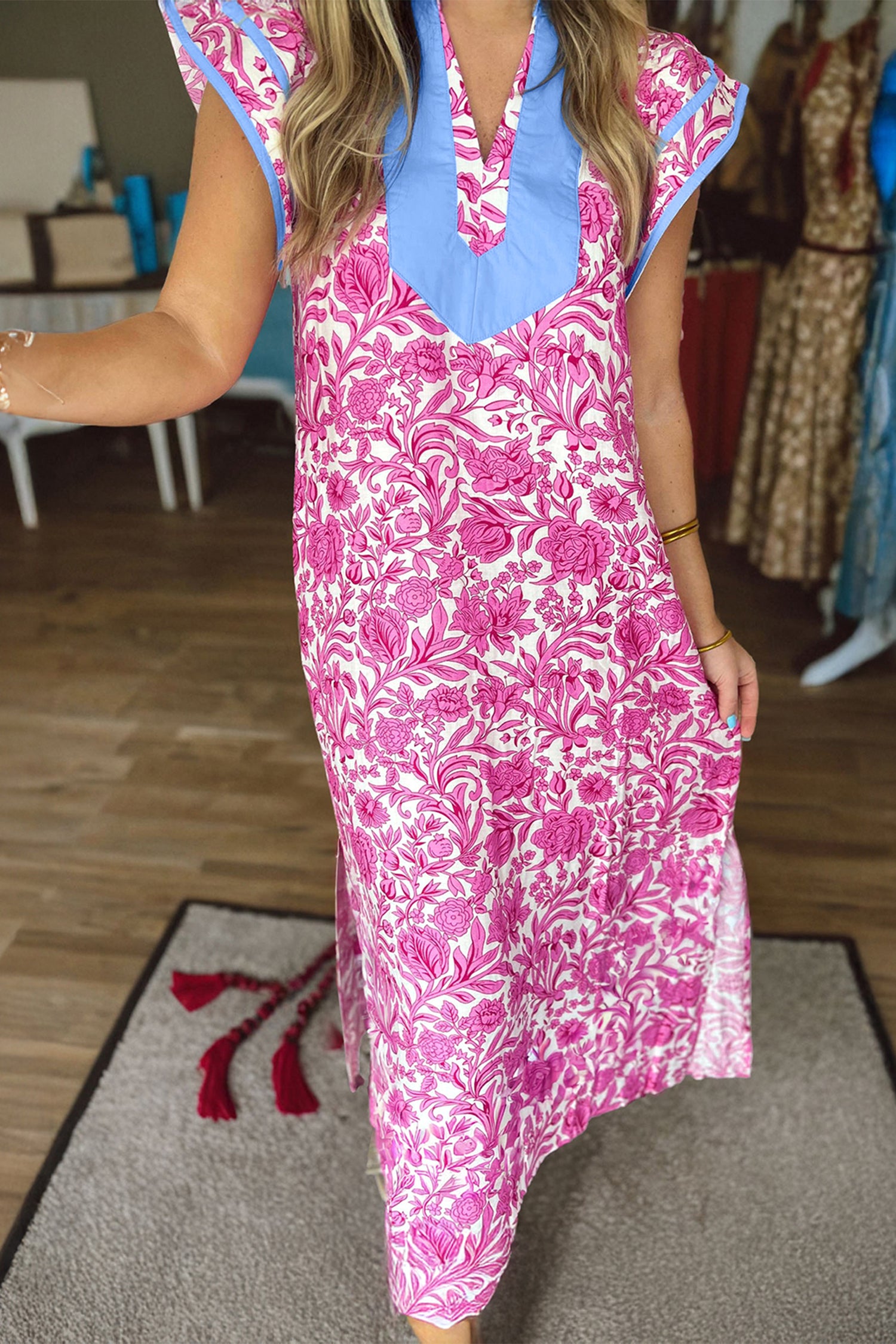 Pink Floral Print Color Block Patchwork V Neck Short Sleeve Midi Dress