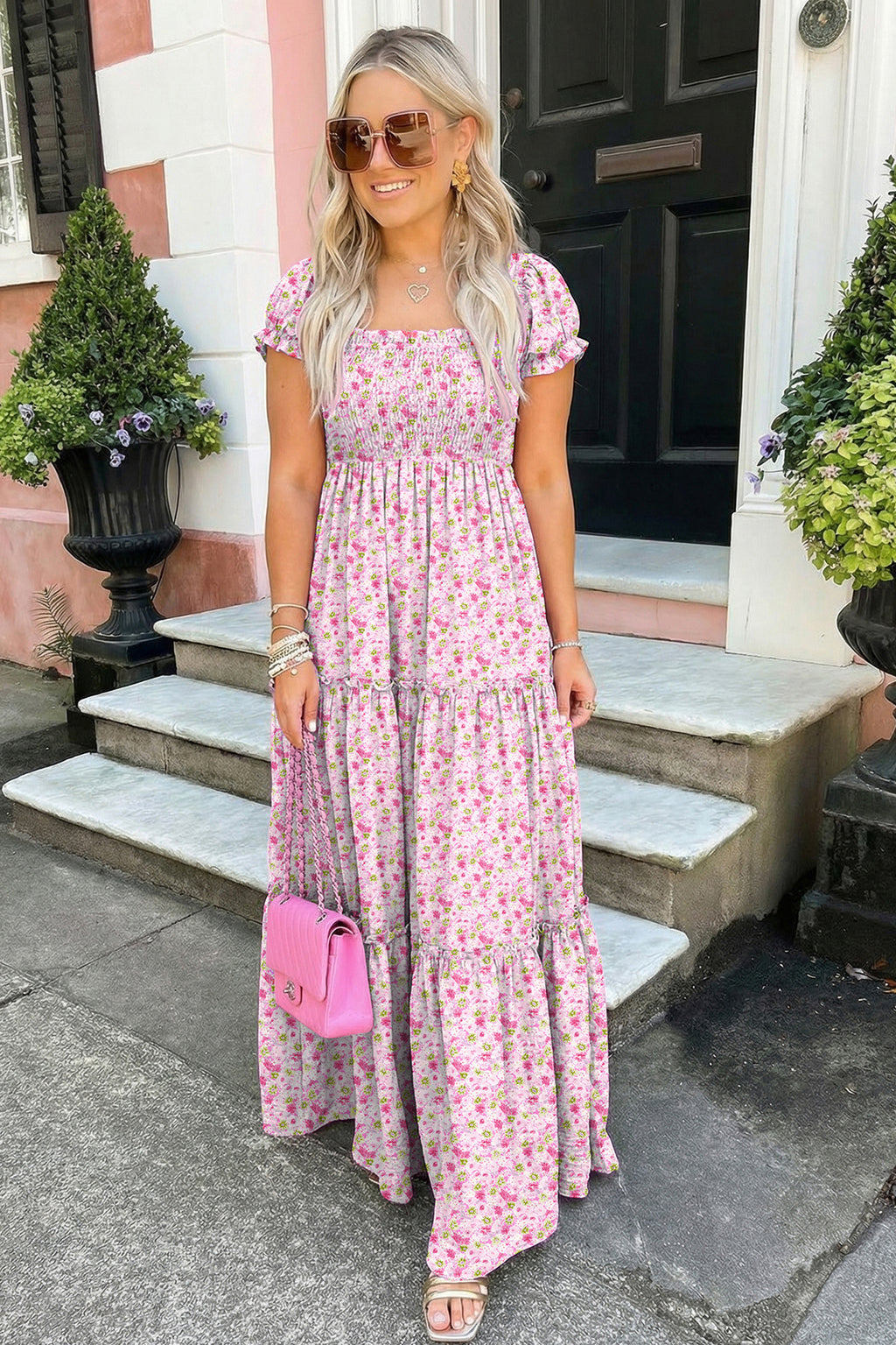 Purple Floral Short Bubble Sleeve Shirred High Waist Maxi Dress