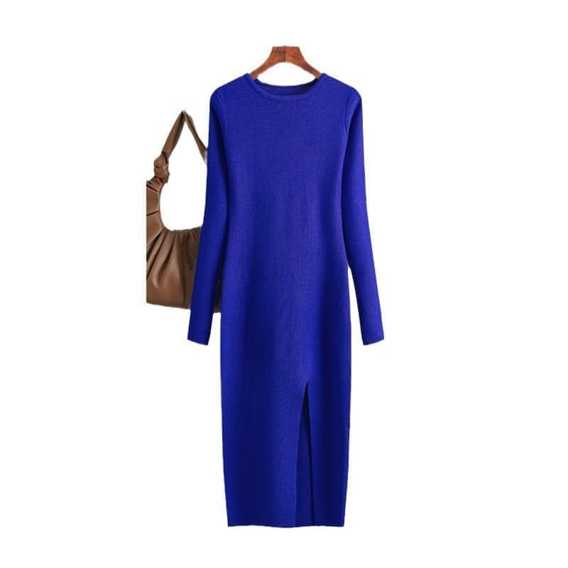 Vestido de cuello redondo sin espalda de punto de manga larga de otoño e invierno
