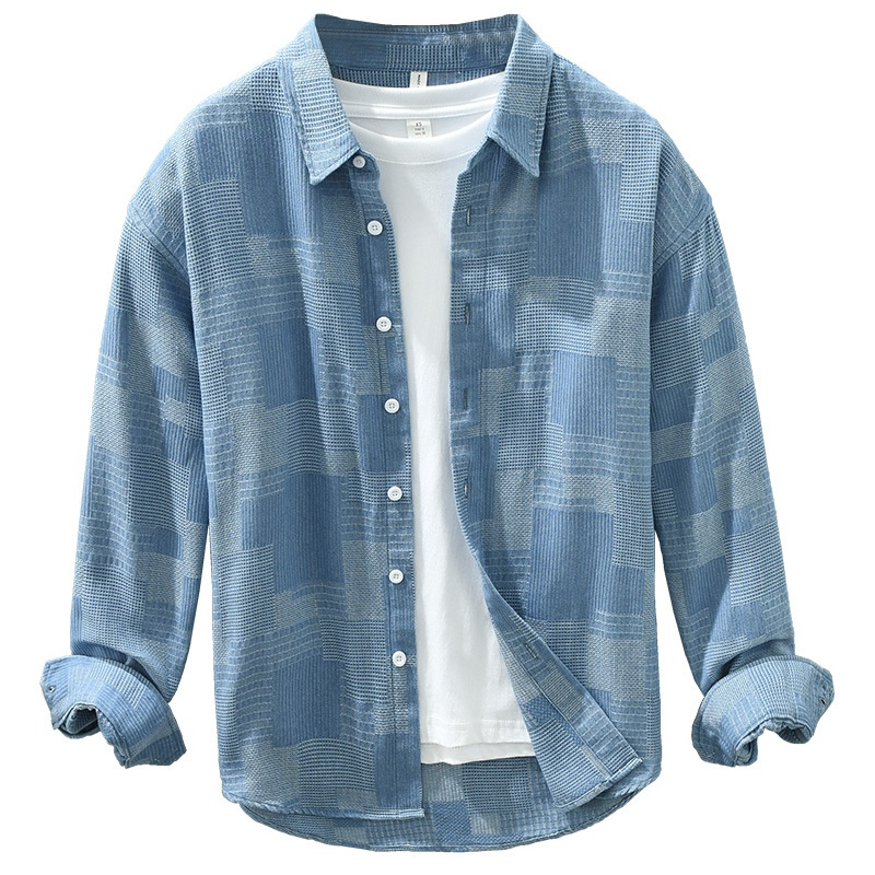 Camisa de vestir informal de manga larga de mezclilla con combinación de colores de jacquard para hombre
