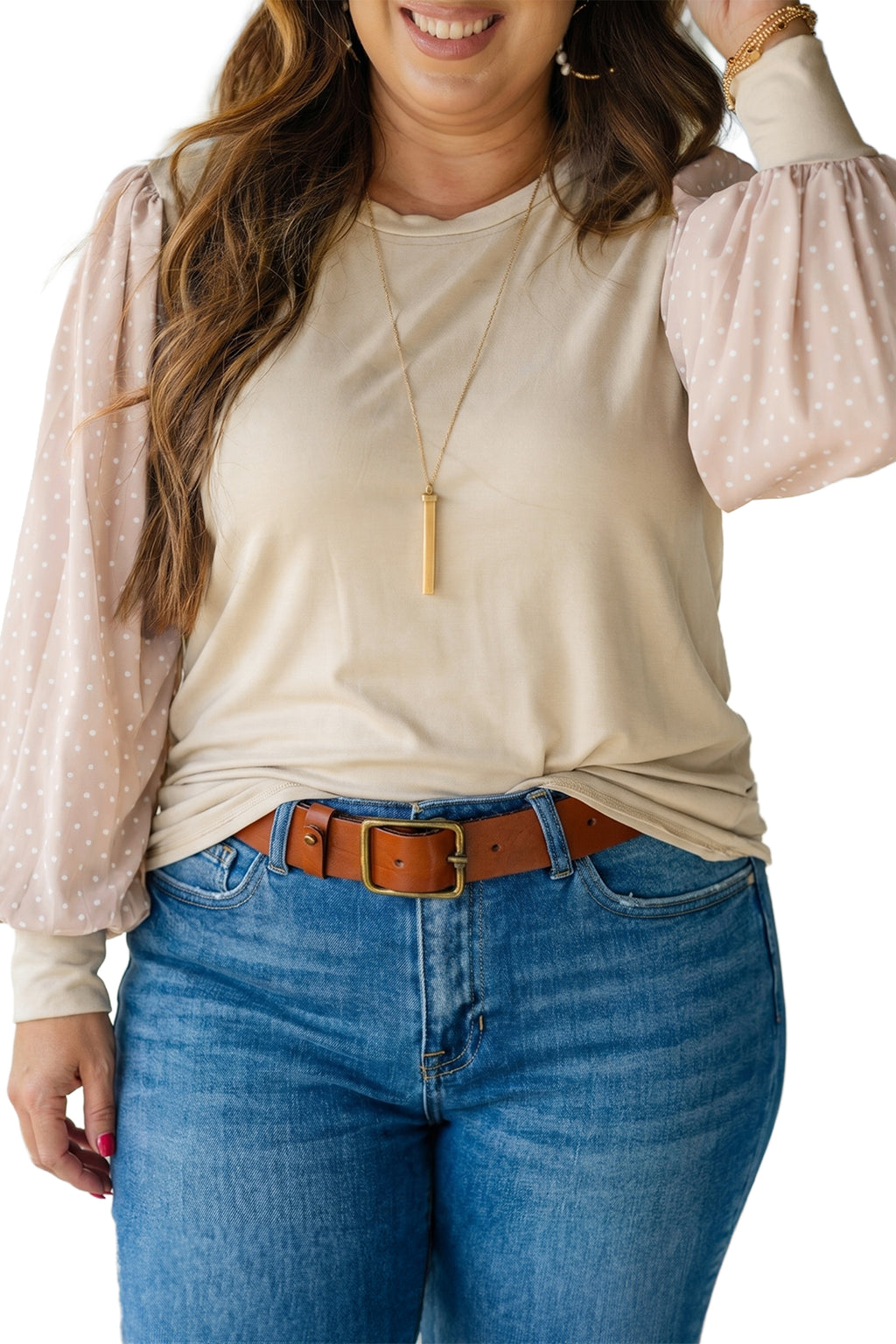 Parchment Polka Dot Long Sleeve Round Neck Plus Size Blouse