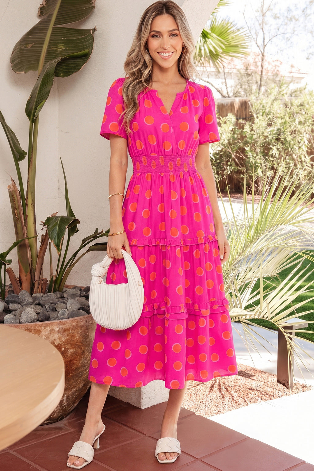 Rose Double Polka Dot Short Sleeve Shirred High Waist Midi Dress