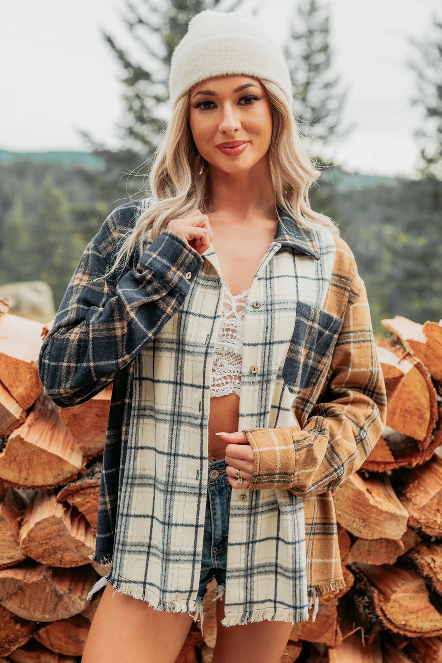 Multicolour Plaid Button-Up Long Sleeve Shift Silhouette Shacket