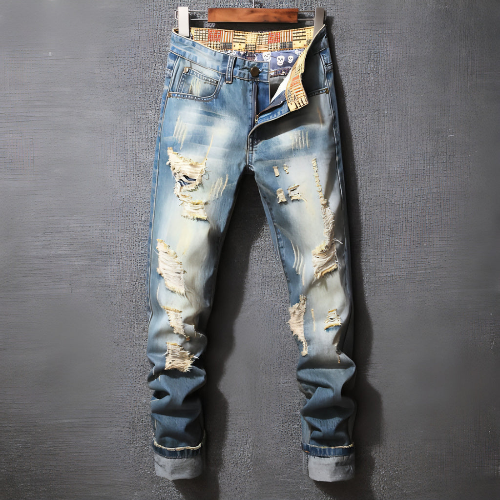 Pantalones vaqueros rasgados estilo Hong Kong estilo americano casual holgado para hombre