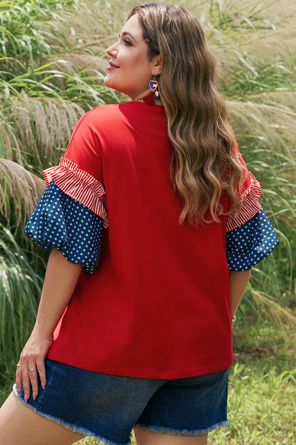 Fiery Red Plus Size Striped Ruffles Star Short Bubble Sleeve Patchwork Top