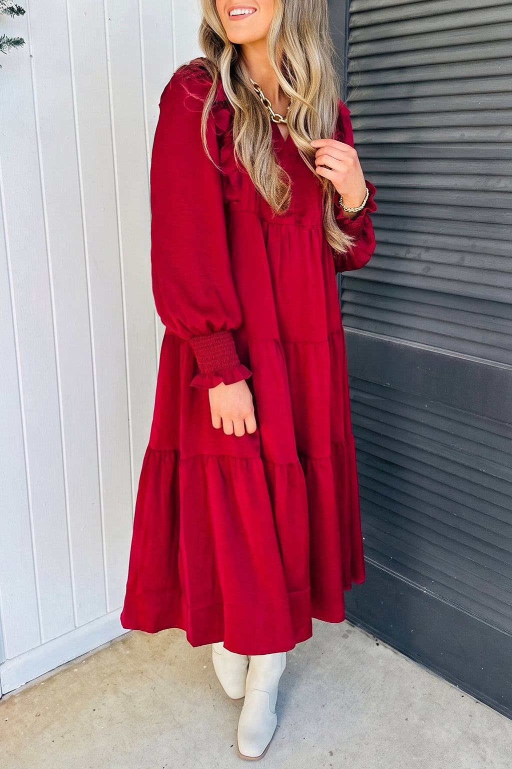 Racing Red Solid Color Ruffle Trim Long Sleeve Tiered Shift Midi Dress