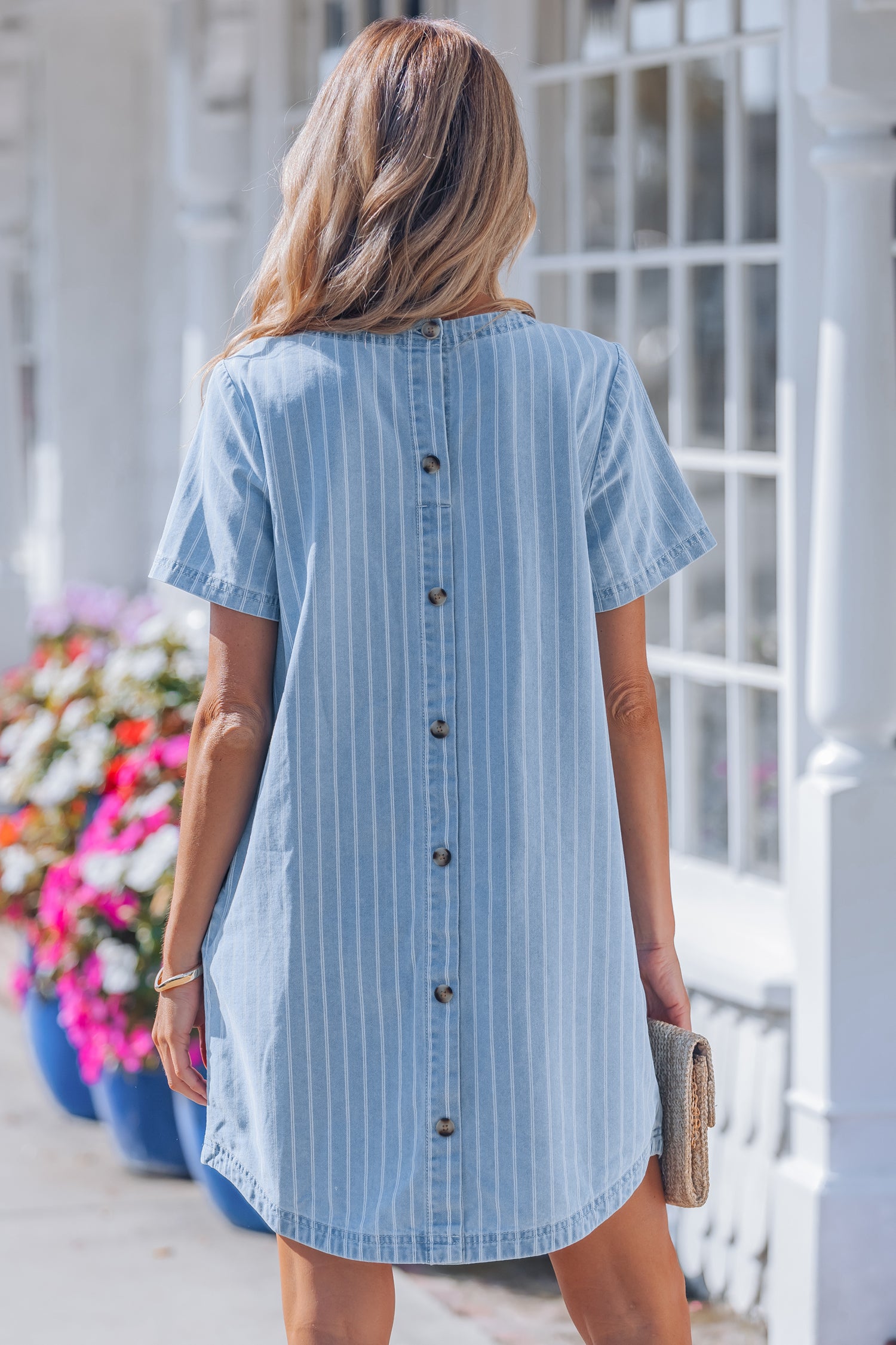 Sky Blue Stripe Buttoned Back T-Shirt Denim Mini Dress