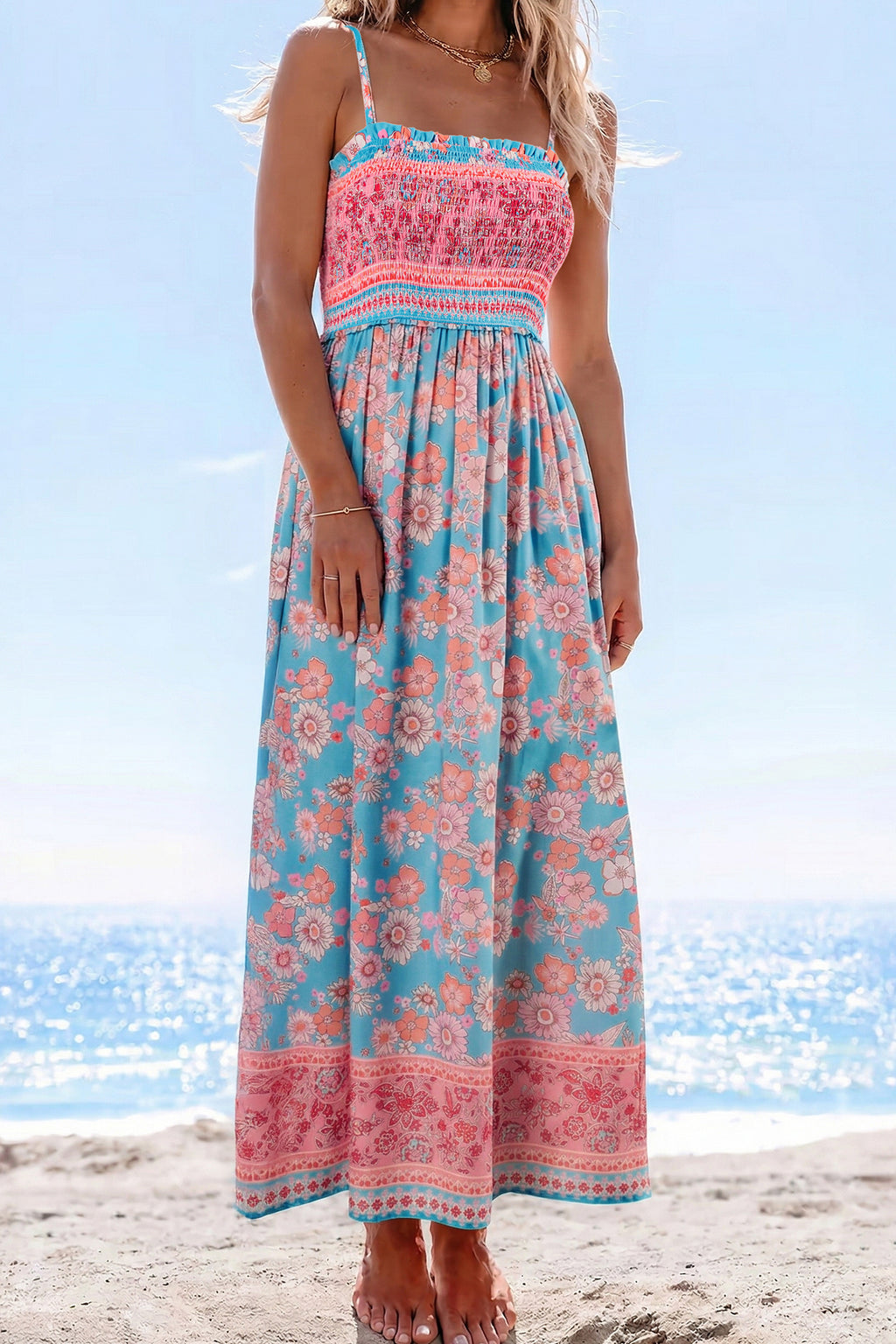 Sky Blue Bohemian Ethnic Print Spaghetti Straps Vacation Maxi Dress