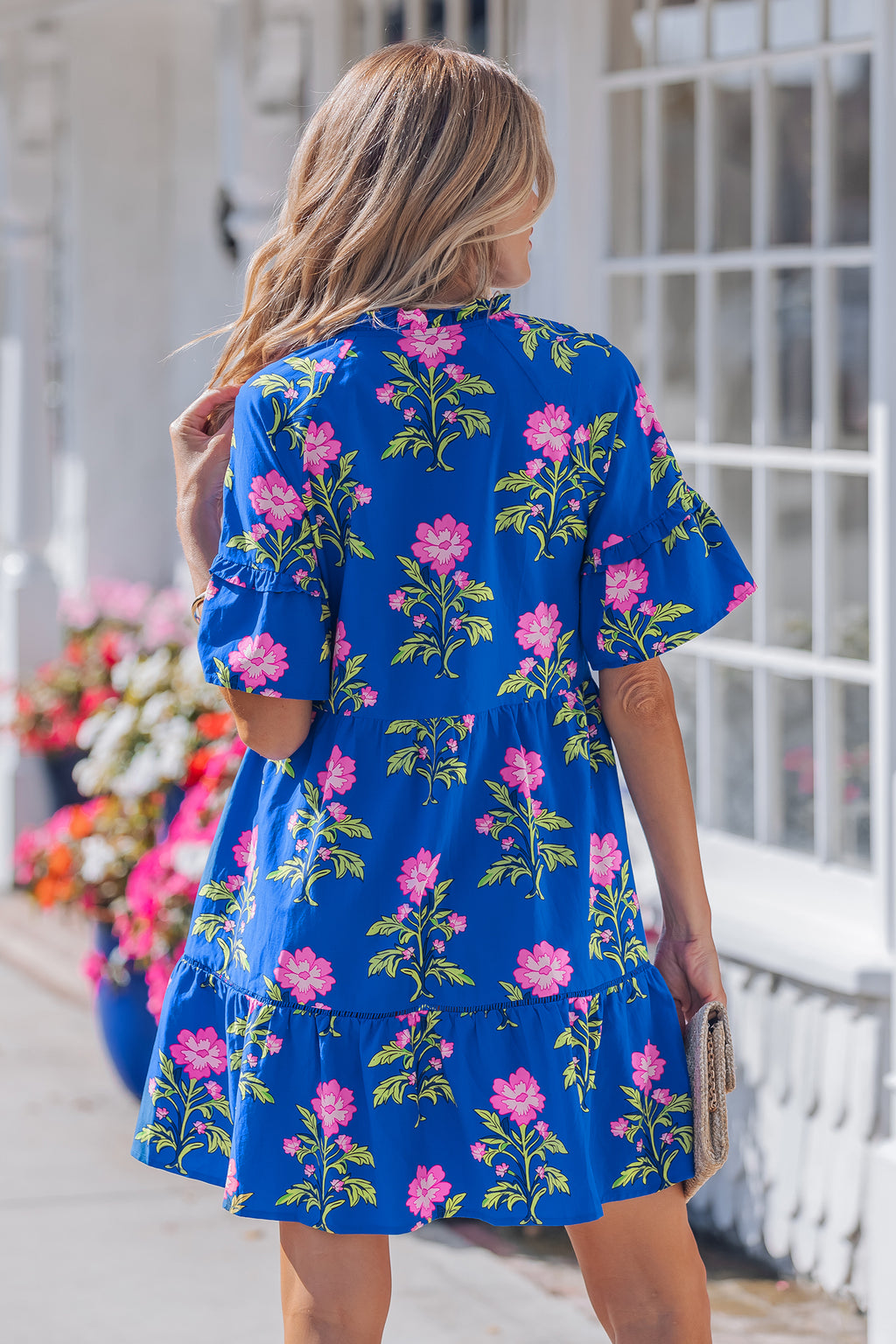 Blue V Neck Short Sleeve Loose Flower Dress