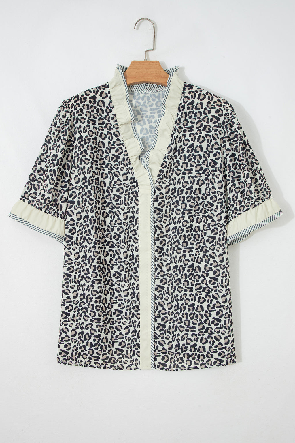 Black Plus Leopard Print Striped Color Block Trim Frilled V Neck Short Sleeve Blouse