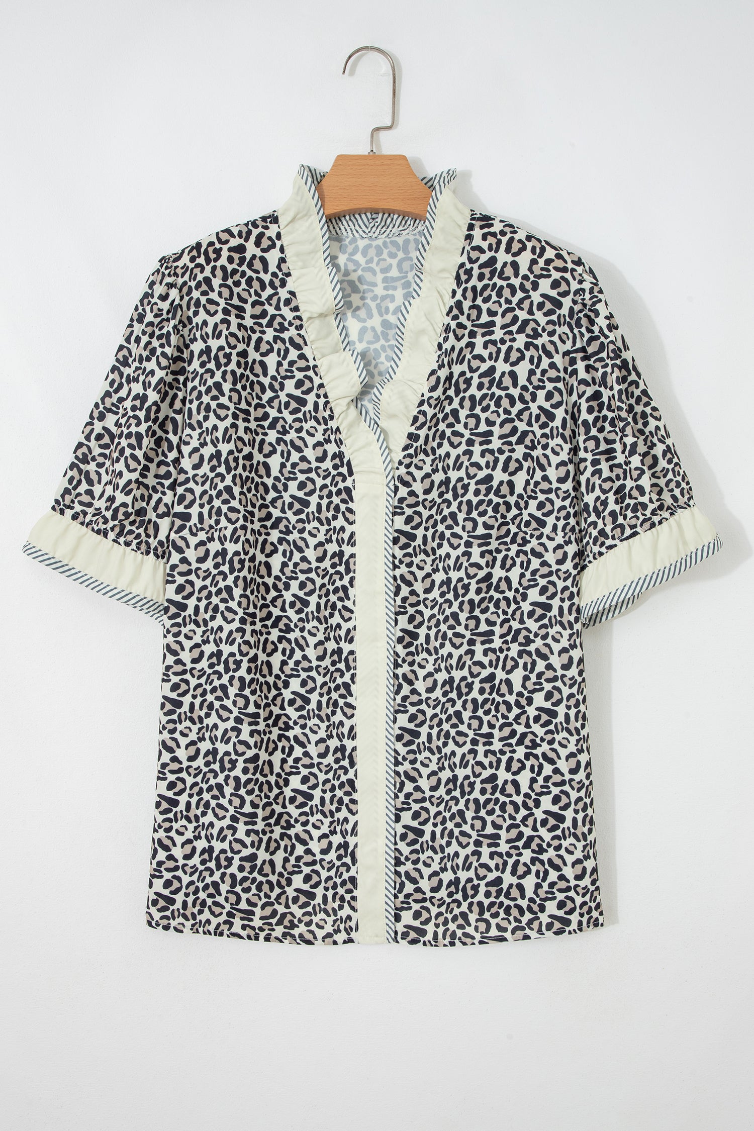 Black Plus Leopard Print Striped Color Block Trim Frilled V Neck Short Sleeve Blouse