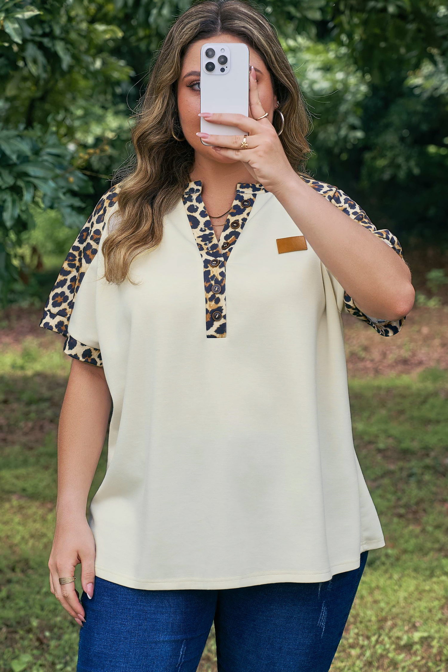 Beige Plus Size Leopard Contrast Patchwork Polo Tee