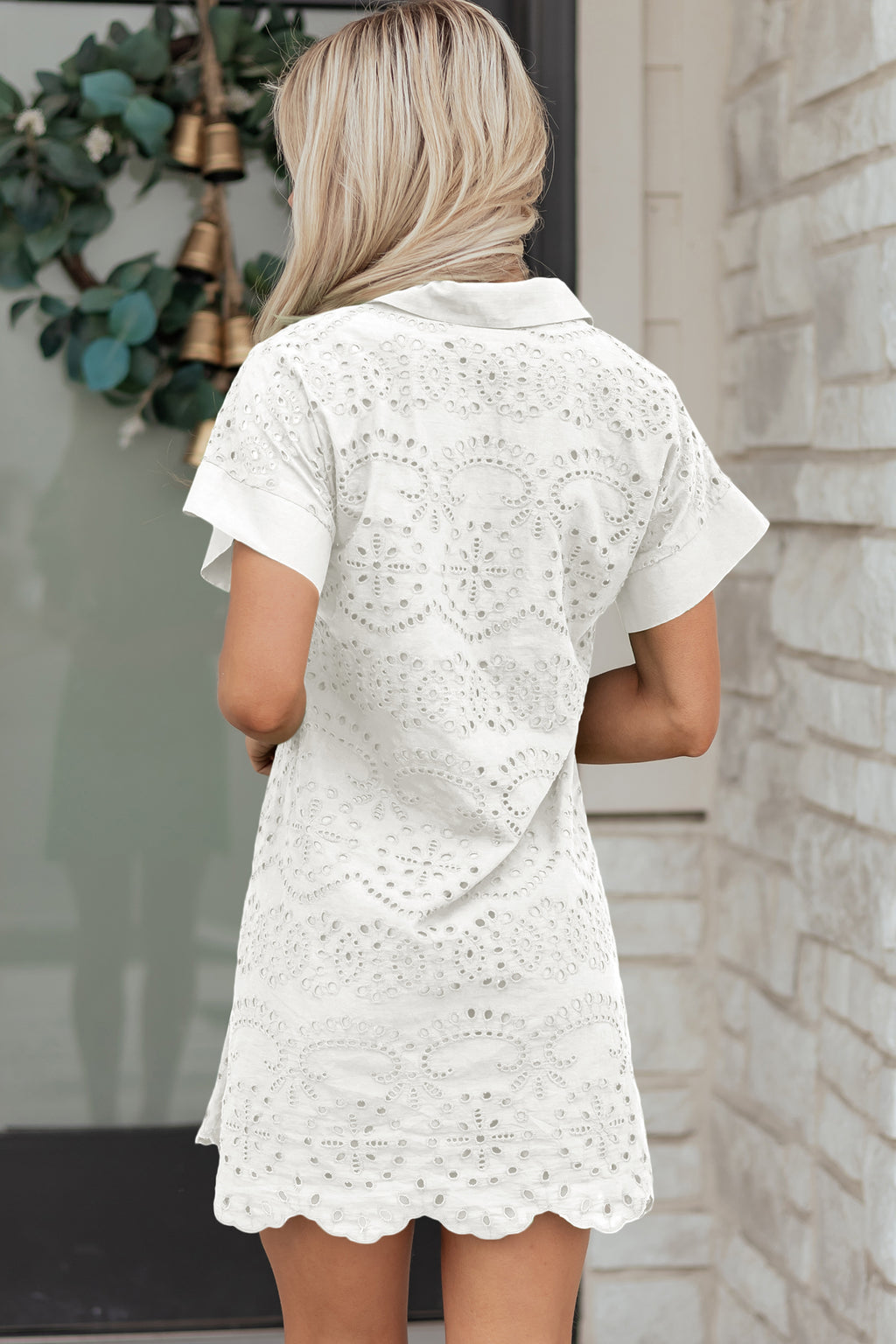 Green Solid Color Eyelet Embroidered T Shirt Mini Dress