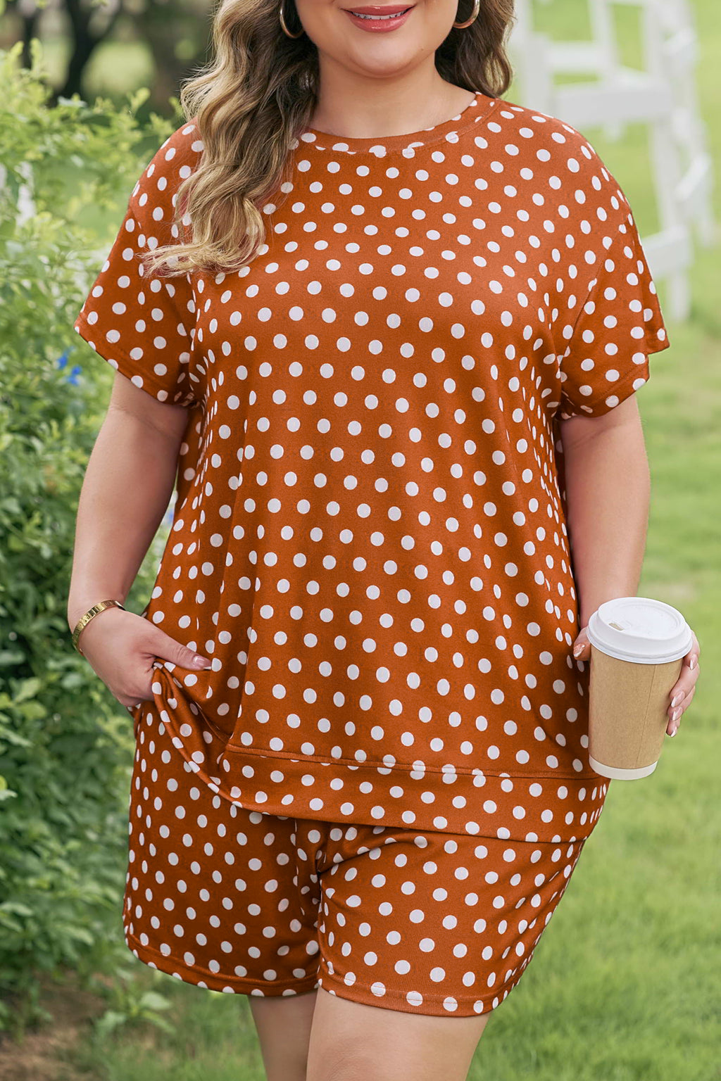 Brown Polka Dot Print Dropped Shoulder Tee Plus Size Short Set