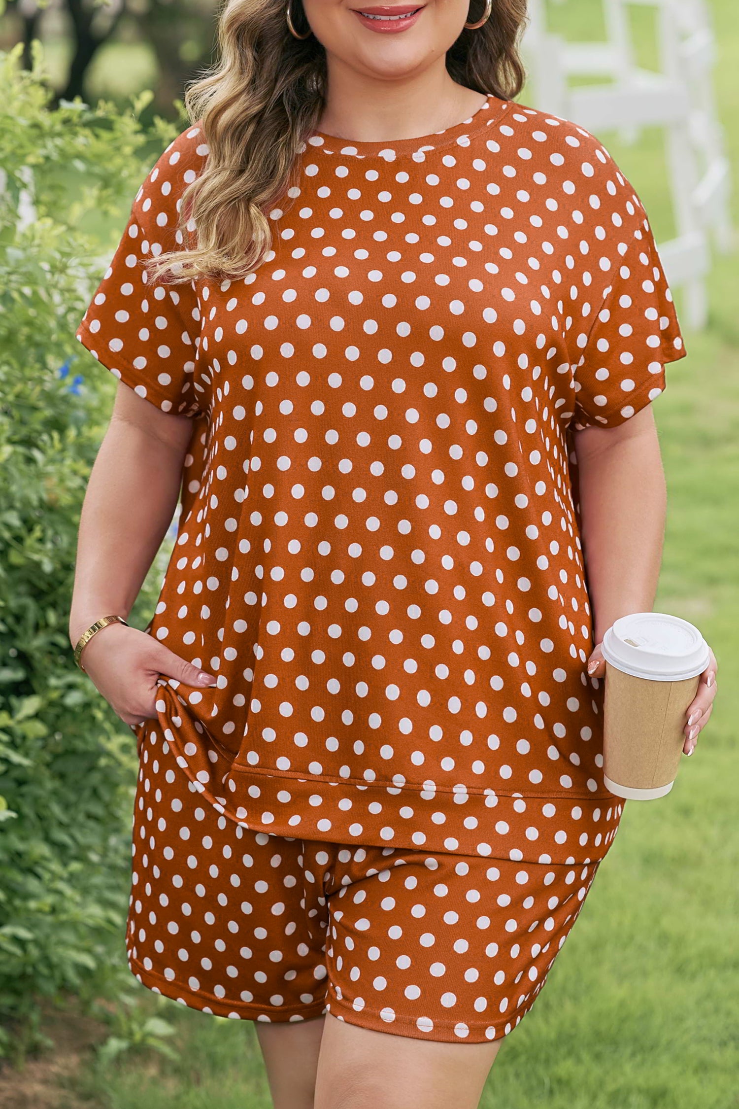 Brown Polka Dot Print Dropped Shoulder Tee Plus Size Short Set