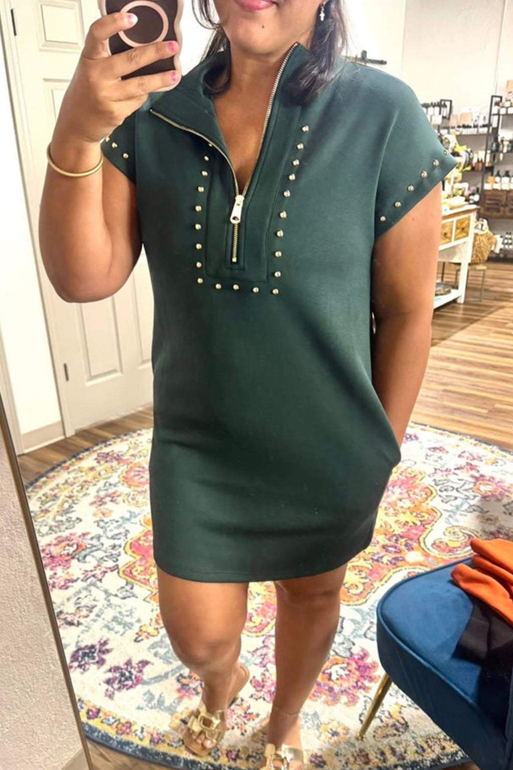 Evergreen Plus Size Glow Studded Zip up T Shirt Dress with Pockets