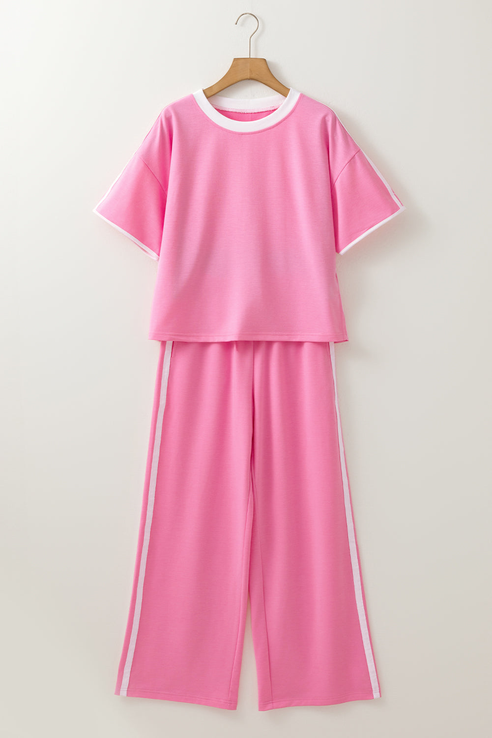 Sachet Pink Varsity Stripe Detail Casual Tee and Pants Leisure 2pcs Set