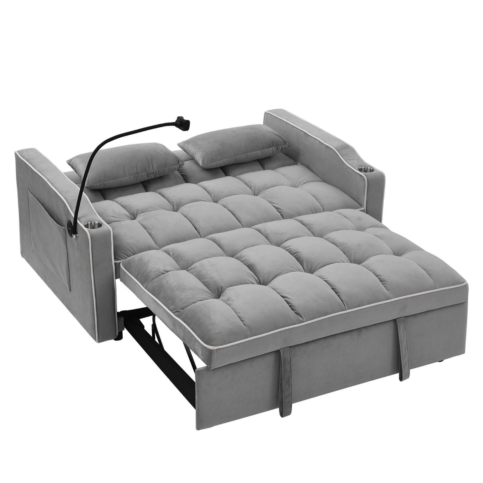 LuneluX_Home – 55.5" Foldable Velvet Sofa Bed (Adjustable in 3 Lengths, Gray)