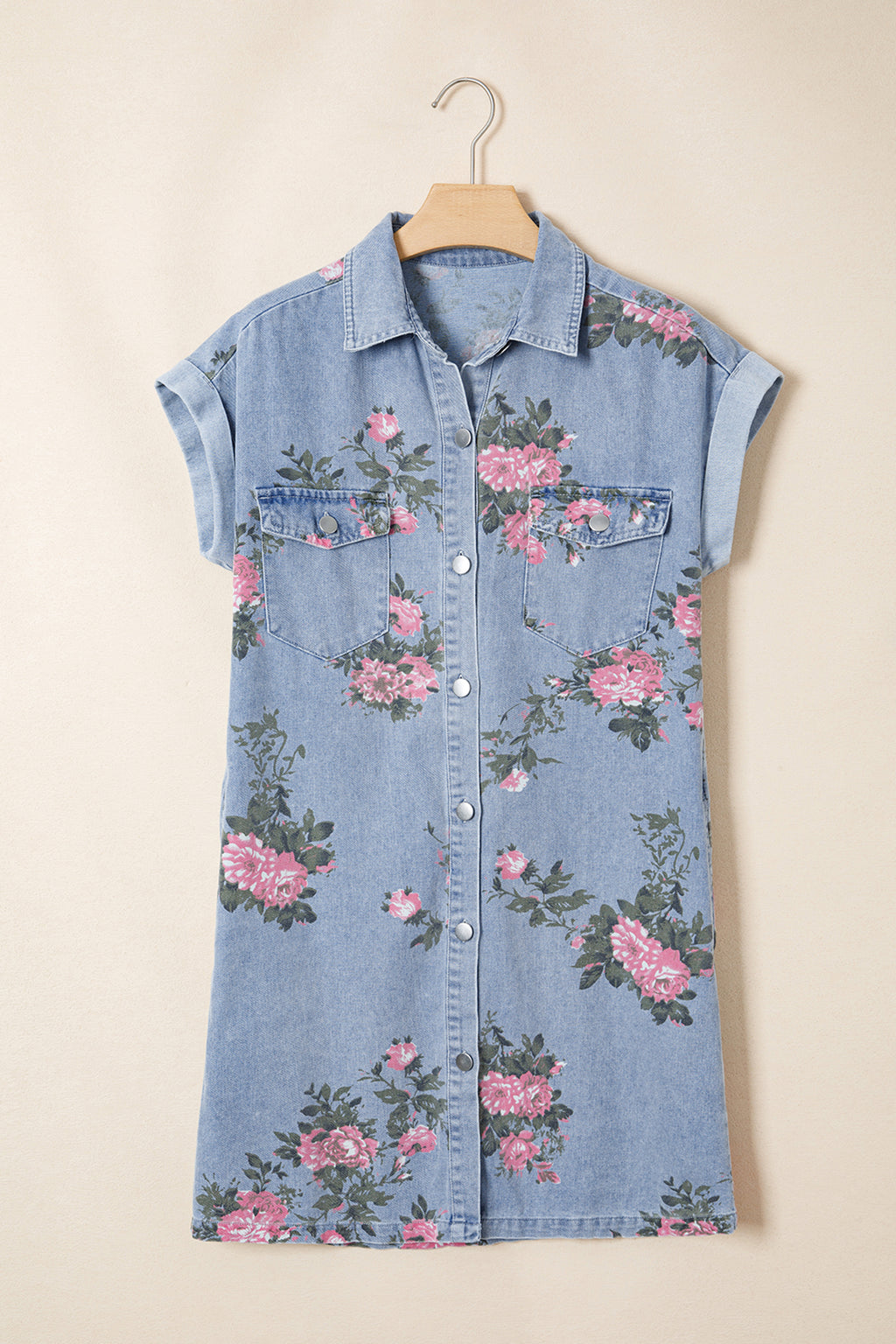 Sky Blue Denim Floral Print Cuffed Short Sleeve Button Down Shift Dress