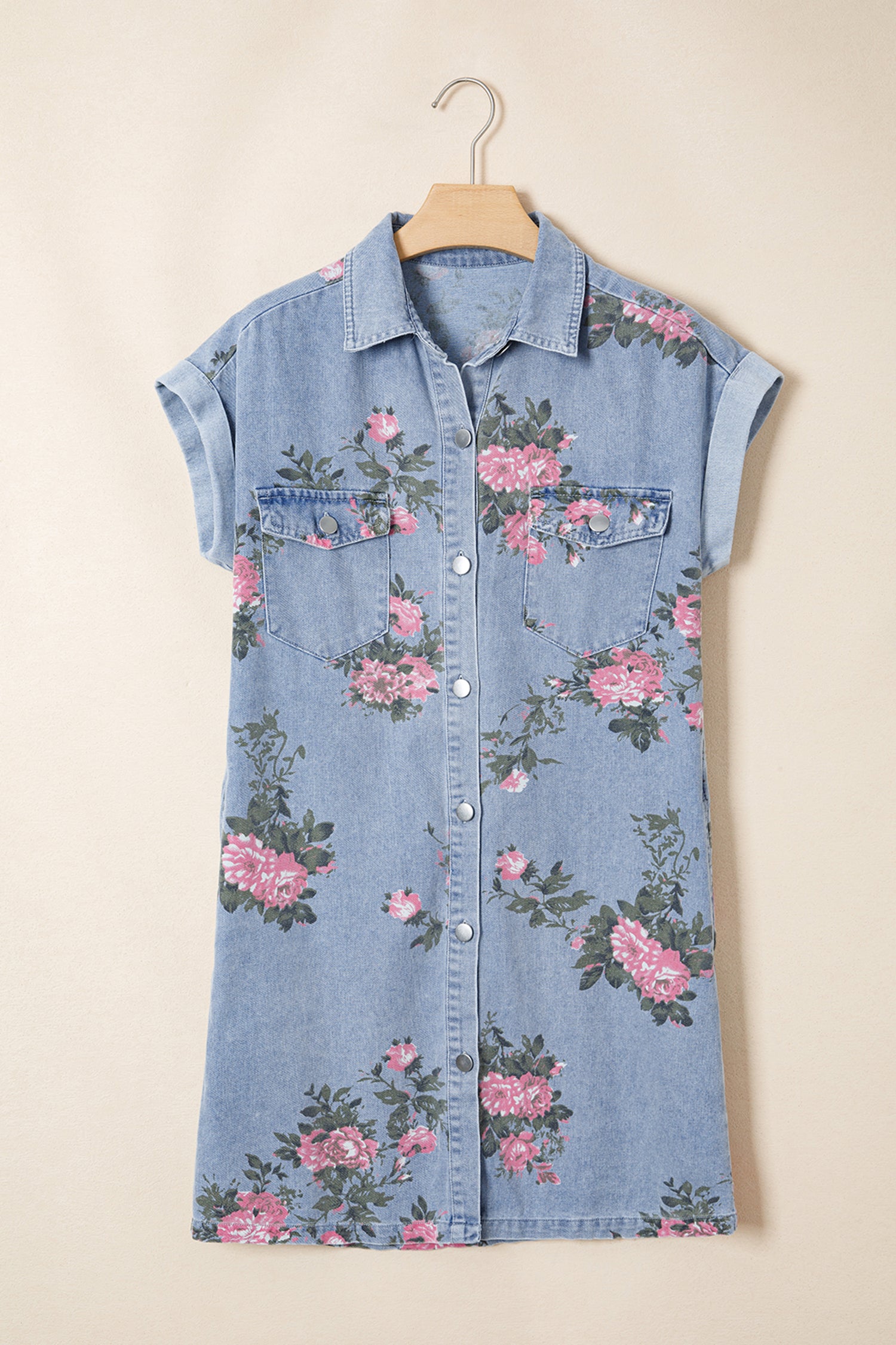 Sky Blue Denim Floral Print Cuffed Short Sleeve Button Down Shift Dress