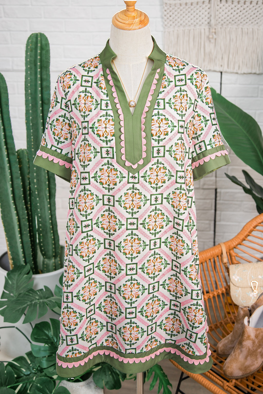 Multicolour Boho Geometric Flower Print Short Sleeve Loose Mini Dress