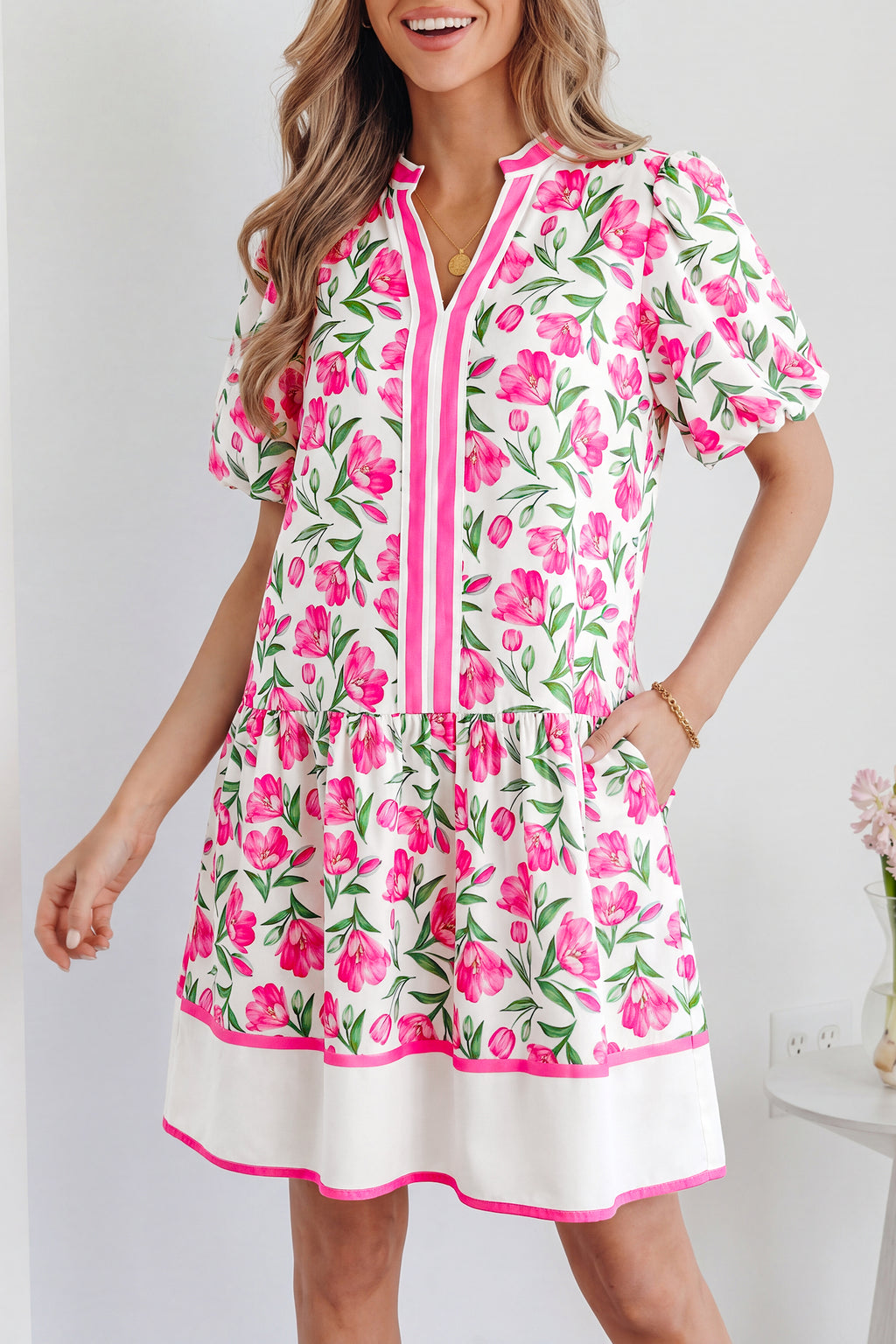 Multicolour Sweet Floral Print Striped Color Block Trim Short Dress