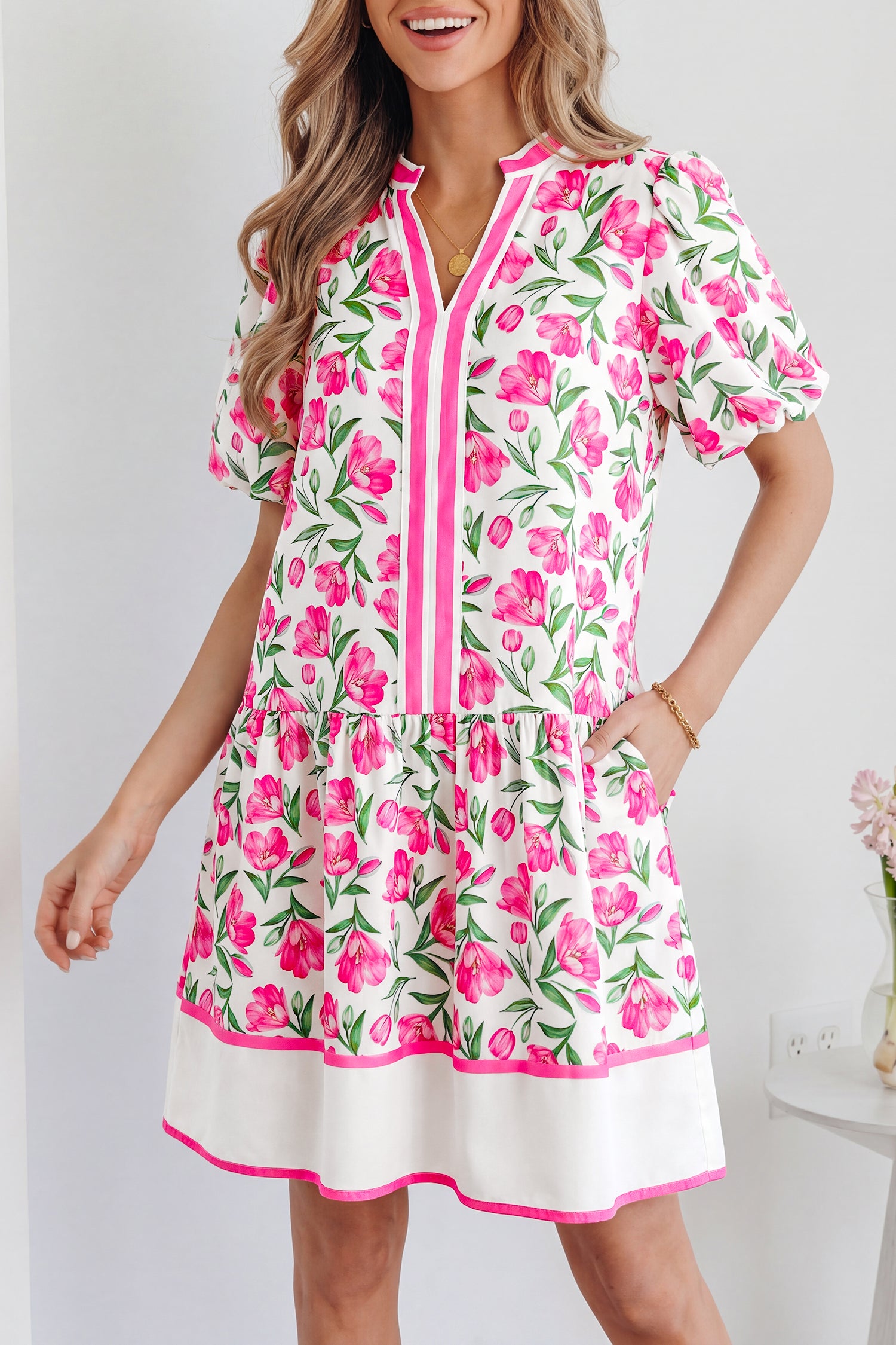 Multicolour Sweet Floral Print Striped Color Block Trim Short Dress