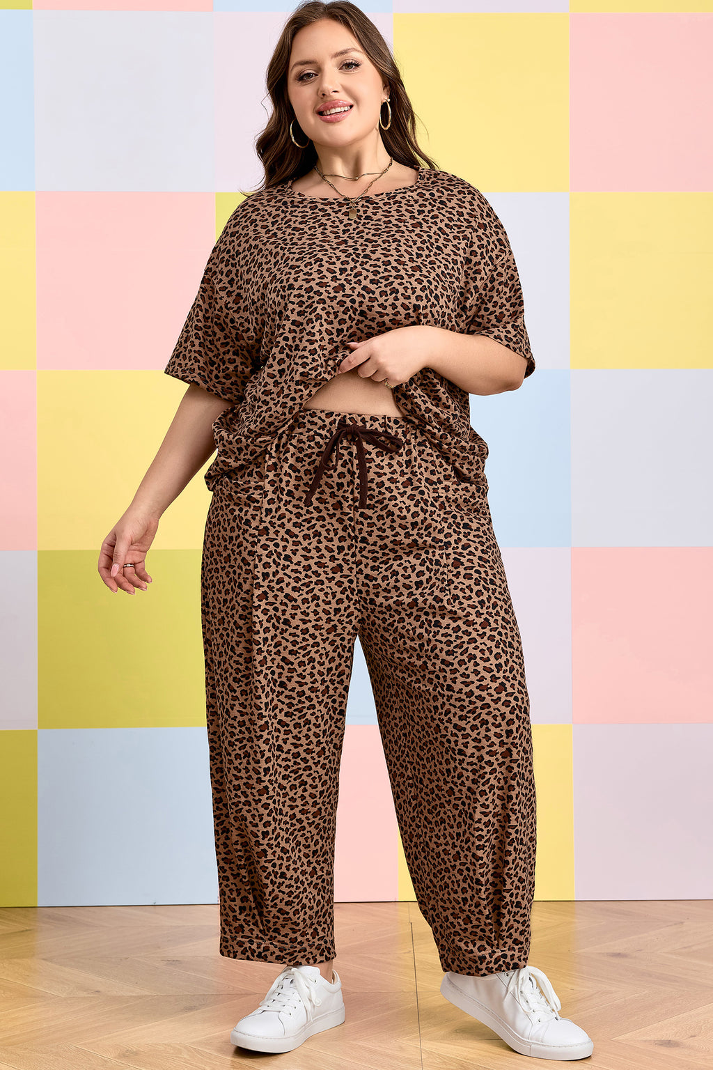 Brown Plus Size Leopard Loose Top Pleated Pants Set