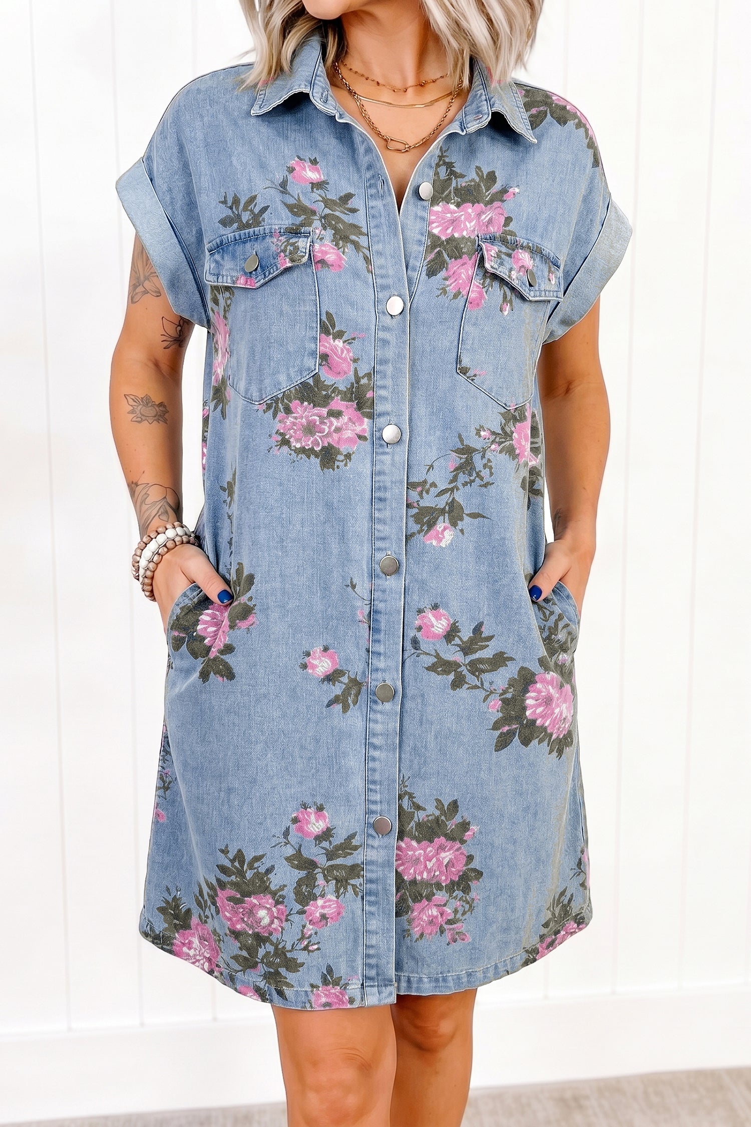 Sky Blue Denim Floral Print Cuffed Short Sleeve Button Down Shift Dress