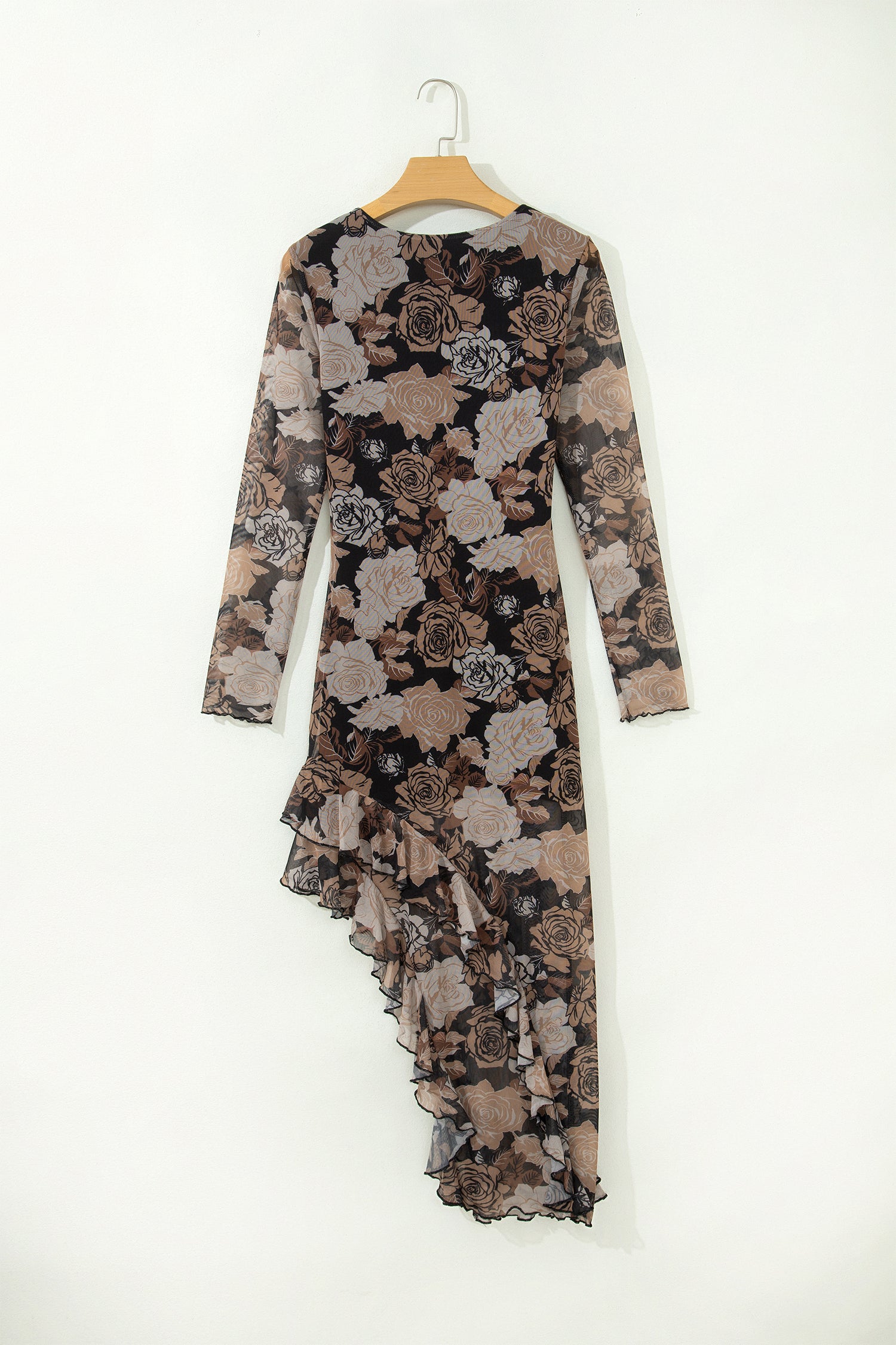 Black Floral Long Sleeve Asymmetric Ruffle Split Hem Mesh Dress